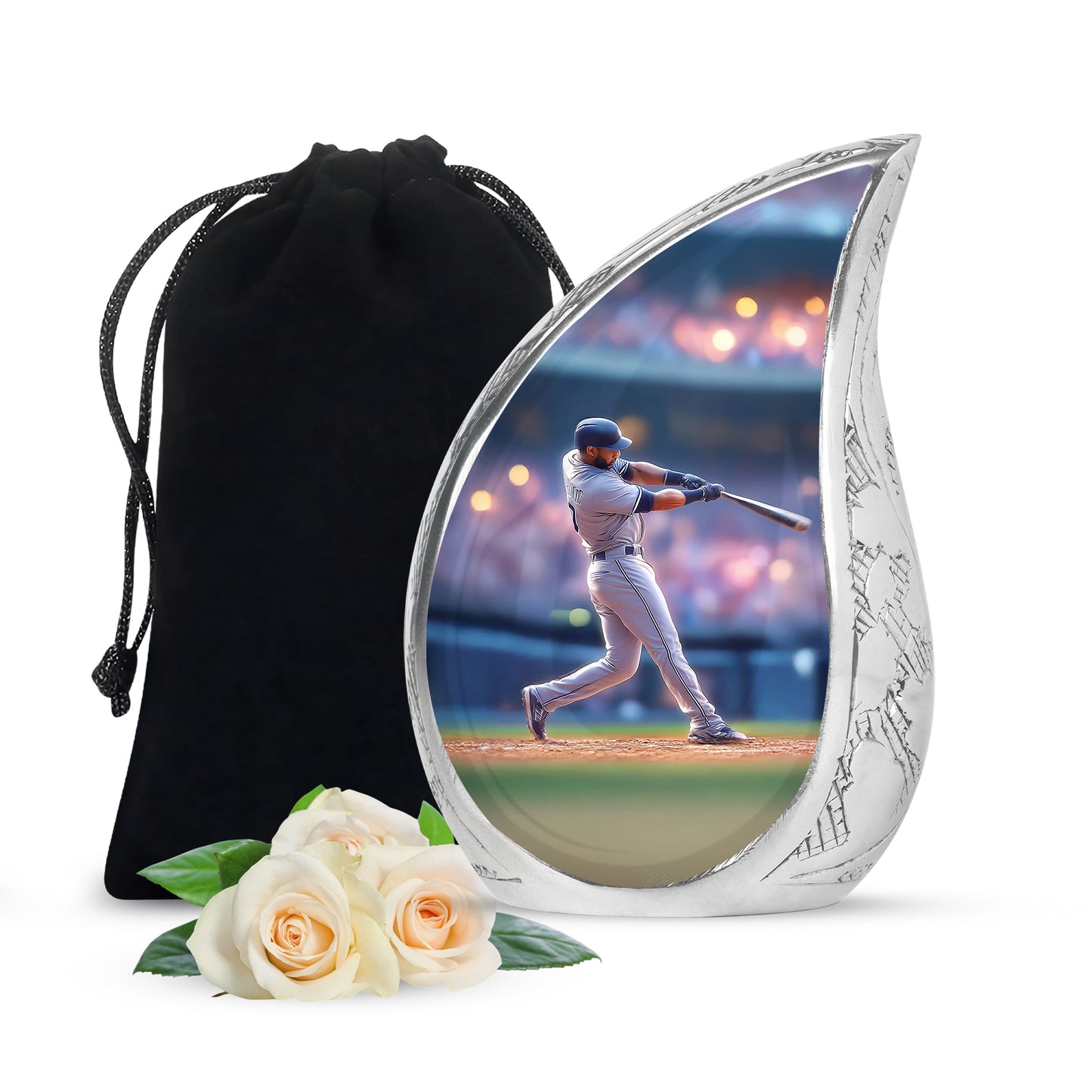Vivid Blue Baseball Cremation Urn front view showing detailed design - graceful tear-shaped urn with baseball motif - full-size 10 inch 200 cubic inch adult cremation urn