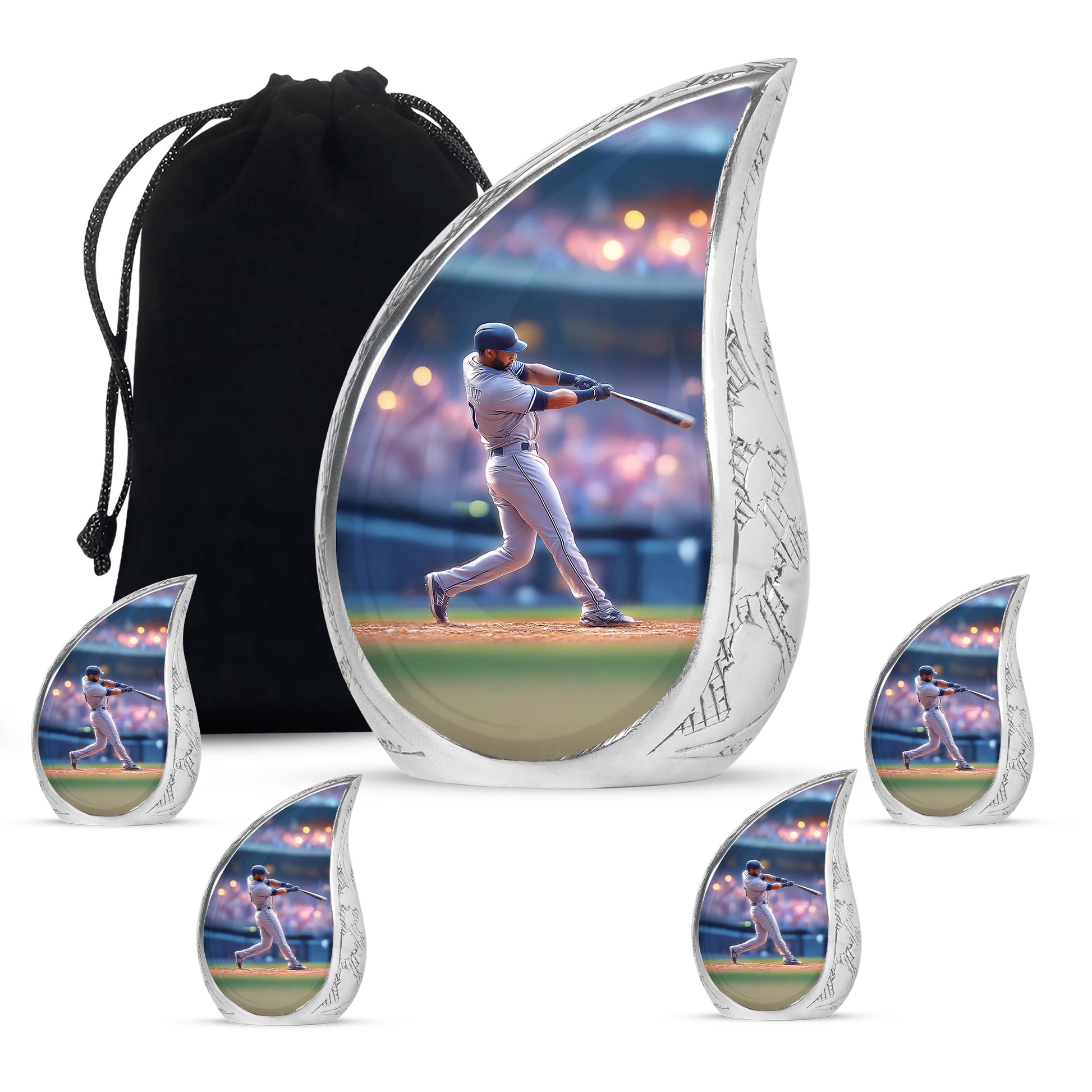 Vivid Blue Baseball Cremation Urn side profile showing urn shape - graceful tear-shaped urn with baseball motif - memorial set with one large and four small urns