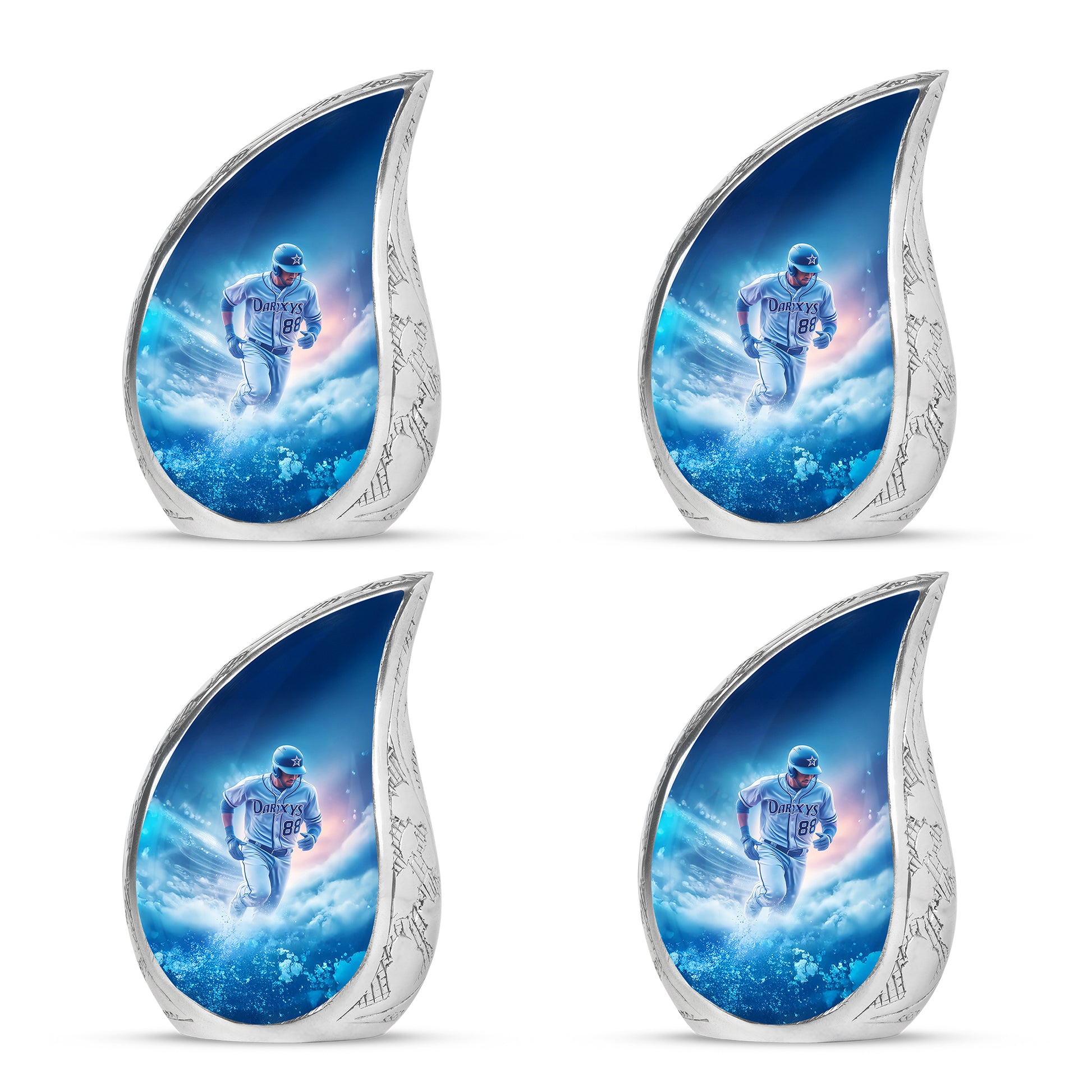 Dusty Blue Baseball Cremation Urn close-up of engraving and surface detail - flowing teardrop baseball silhouette on curved aluminum - 10 inch aluminum urn for cremated remains