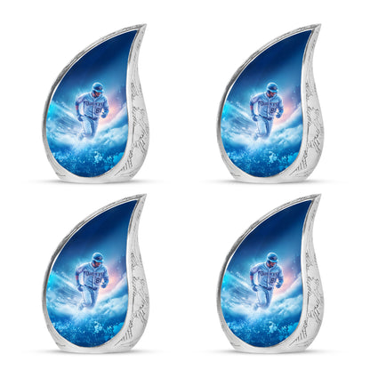Dusty Blue Baseball Cremation Urn close-up of engraving and surface detail - flowing teardrop baseball silhouette on curved aluminum - 10 inch aluminum urn for cremated remains
