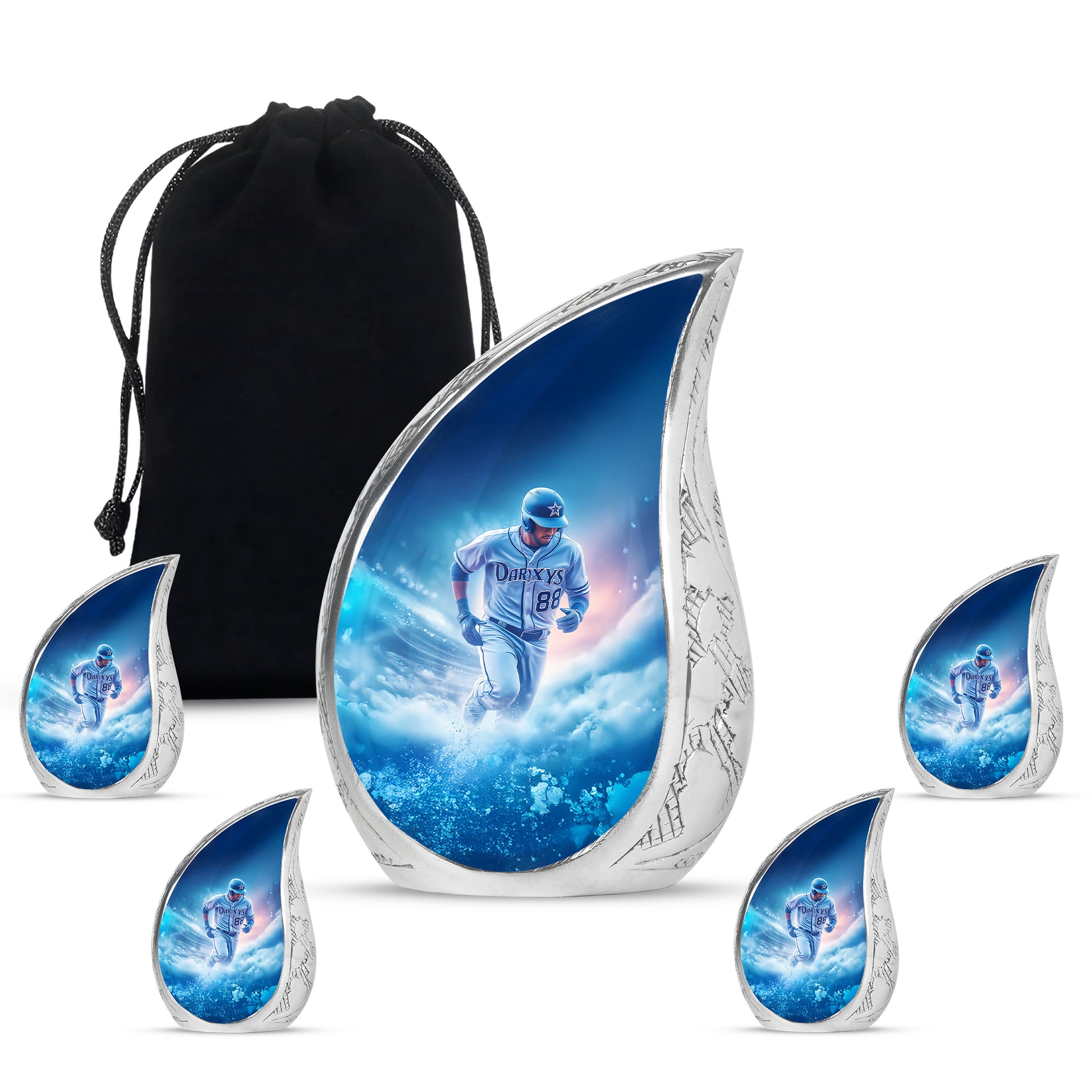 Cobalt Blue Baseball Cremation Urn side profile showing urn shape - smooth teardrop contour featuring baseball art - memorial set with one large and four small urns