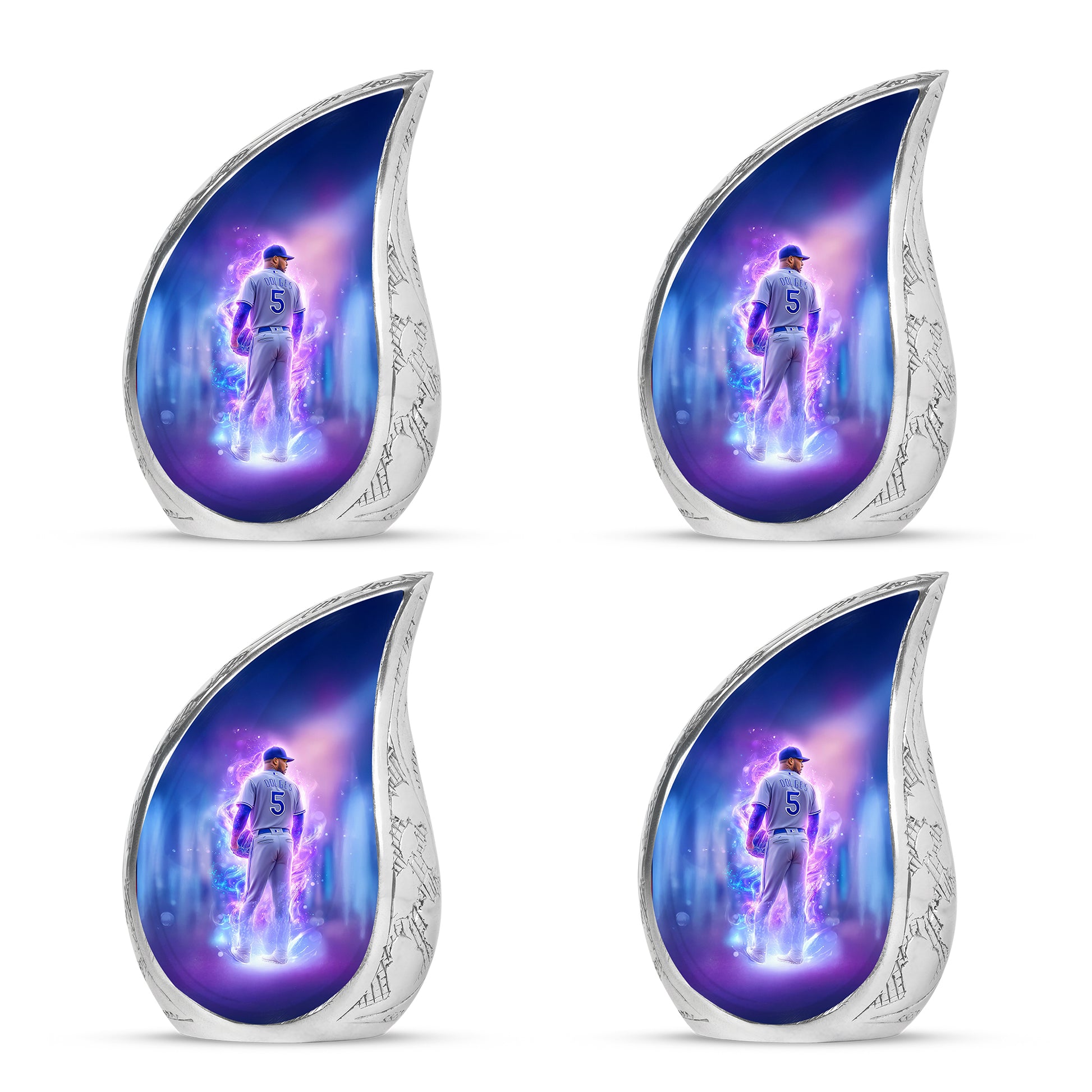 Indigo Baseball Cremation Urn close-up of engraving and surface detail - flowing teardrop baseball silhouette on curved aluminum - 10 inch aluminum urn for cremated remains