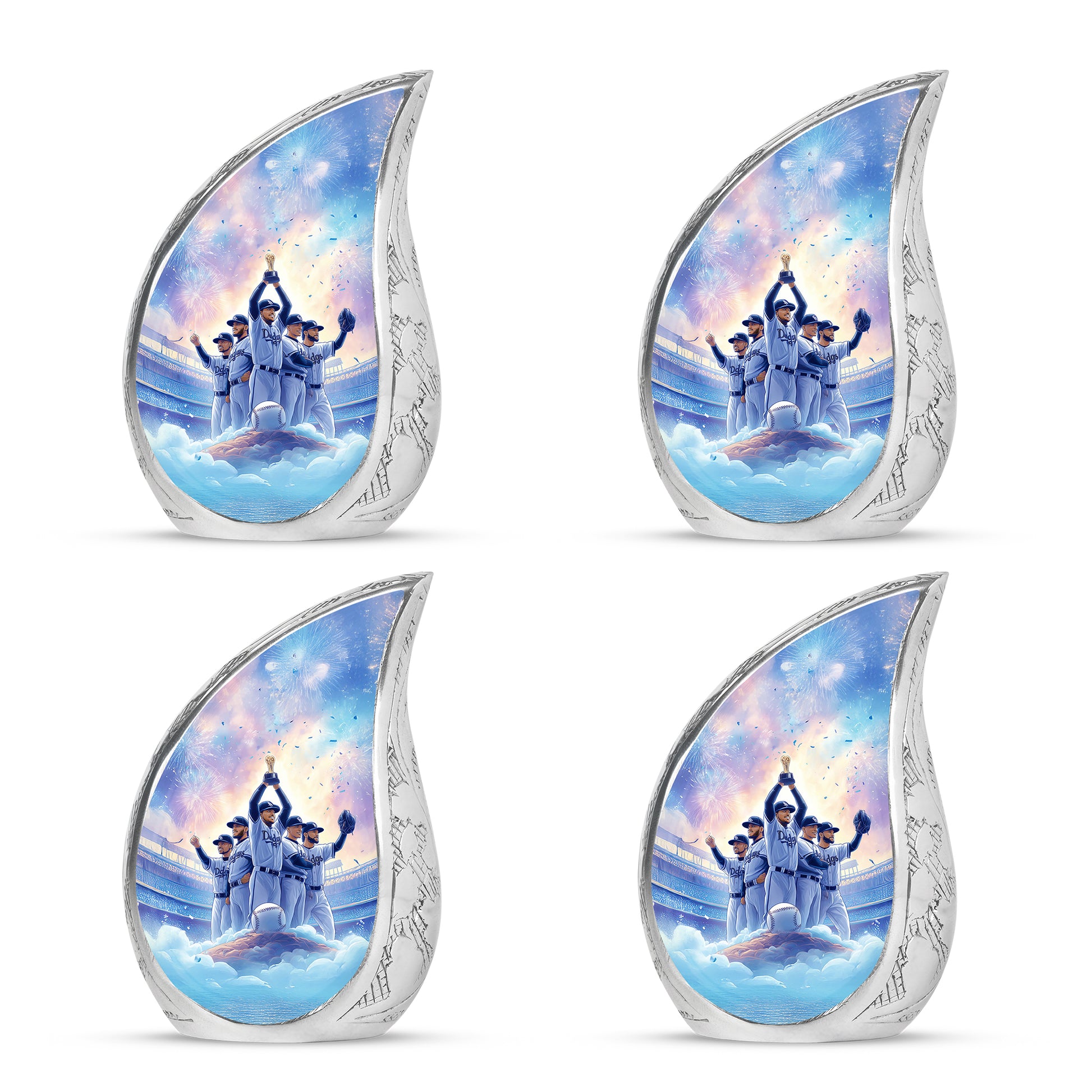 Royal Purple Baseball Cremation Urn close-up of engraving and surface detail - smooth teardrop contour featuring baseball art - 10 inch aluminum urn for cremated remains