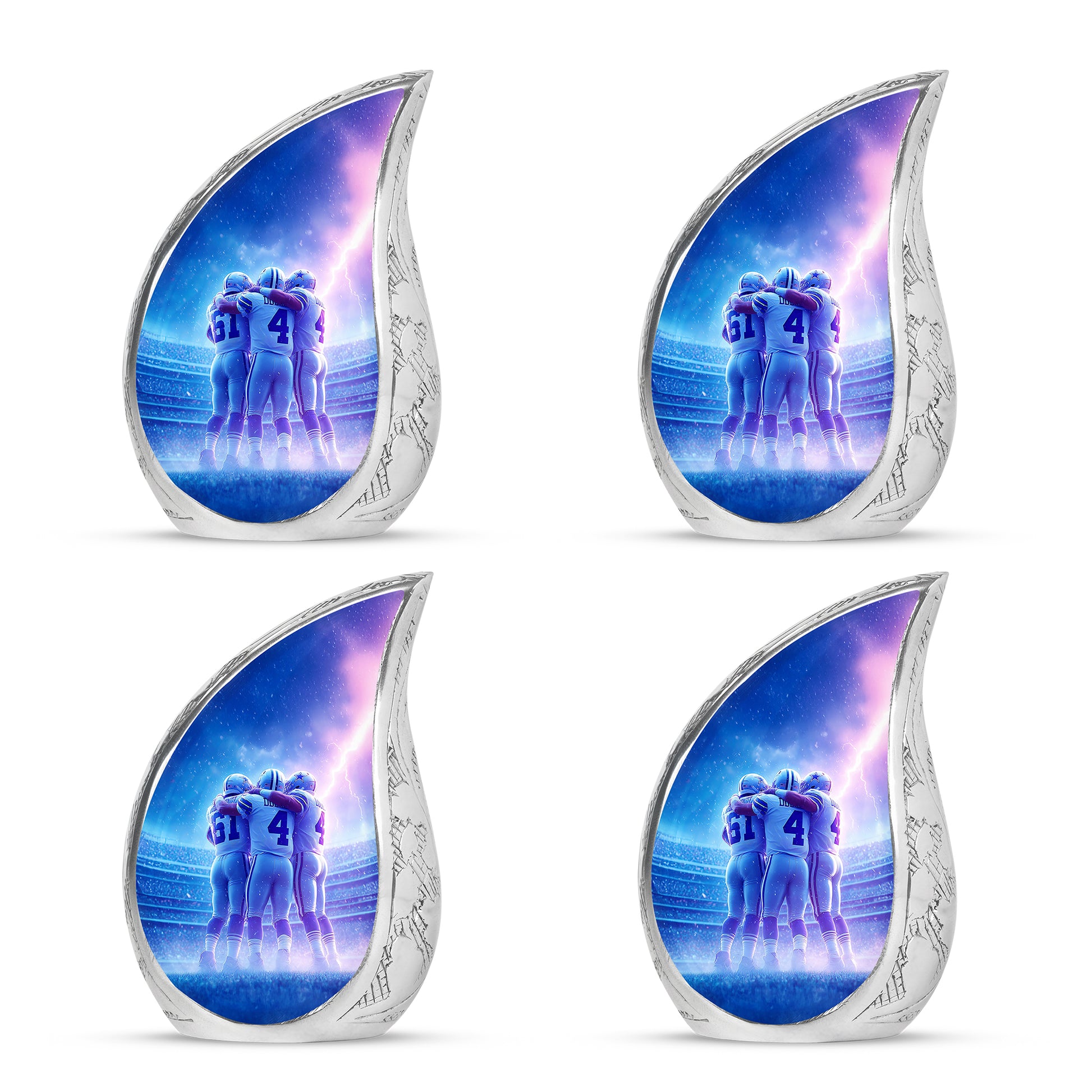 Cornflower Blue Baseball Cremation Urn close-up of engraving and surface detail - graceful tear-shaped urn with baseball motif - 10 inch aluminum urn for cremated remains