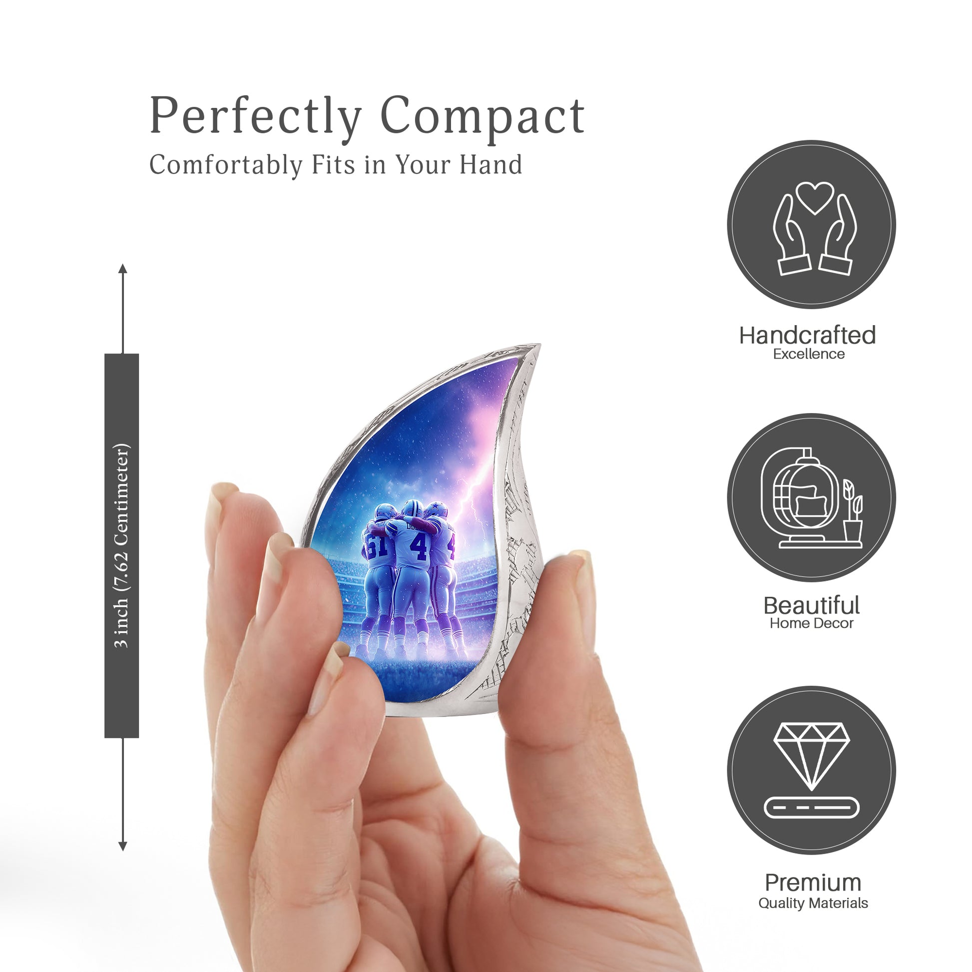 Misty Blue Baseball Cremation Urn angled view of lid and engraved motif - flowing teardrop baseball silhouette on curved aluminum - mini keepsake memorial for portion of cremation ashes