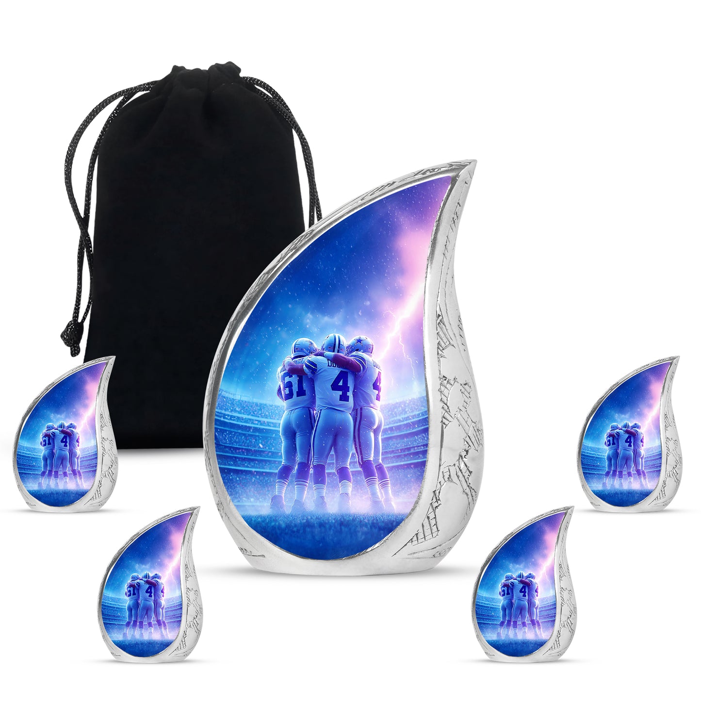 Misty Blue Baseball Cremation Urn side profile showing urn shape - flowing teardrop baseball silhouette on curved aluminum - memorial set with one large and four small urns