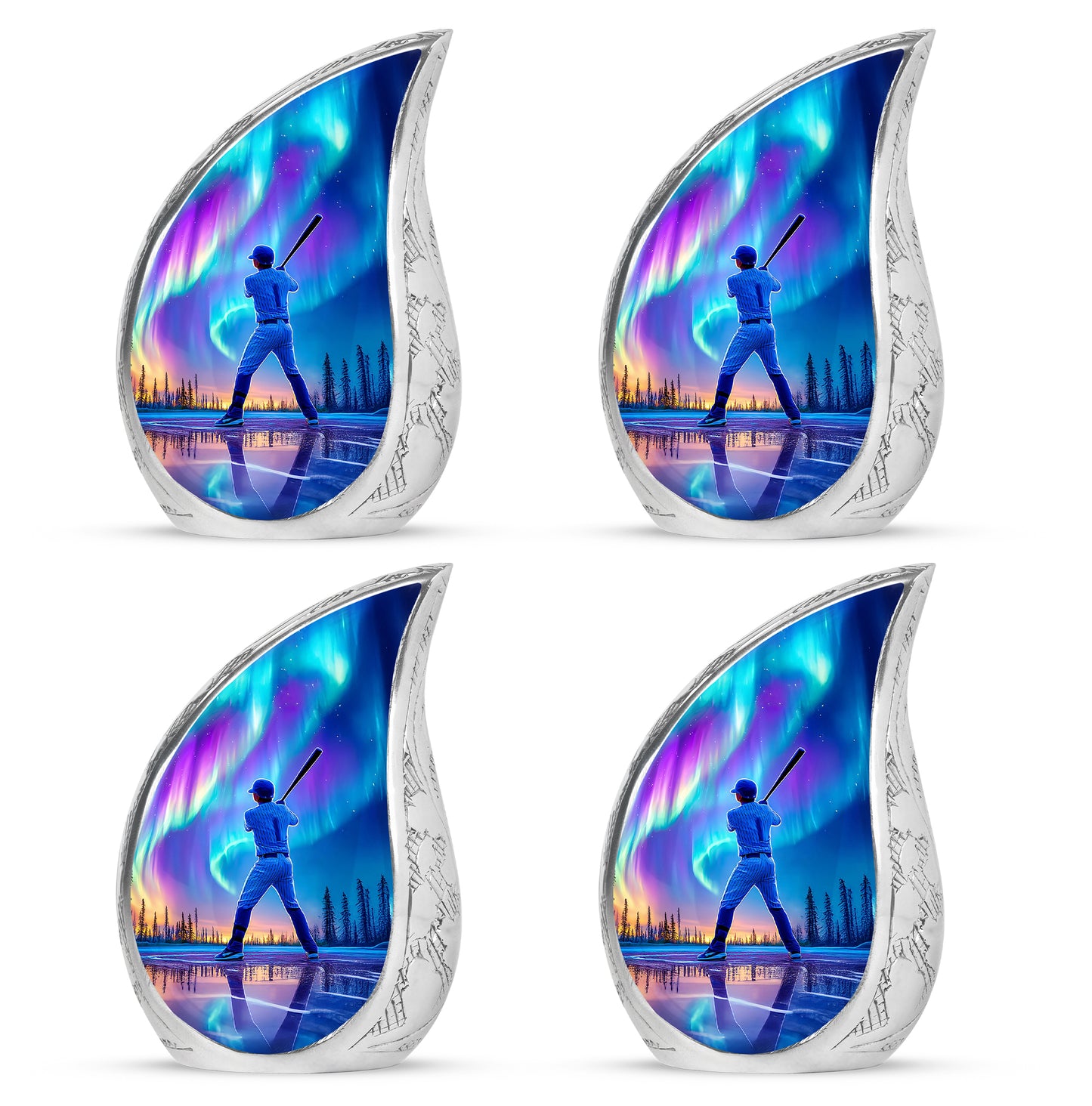 Sky Blue Baseball Cremation Urn close-up of engraving and surface detail - flowing teardrop baseball silhouette on curved aluminum - 10 inch aluminum urn for cremated remains