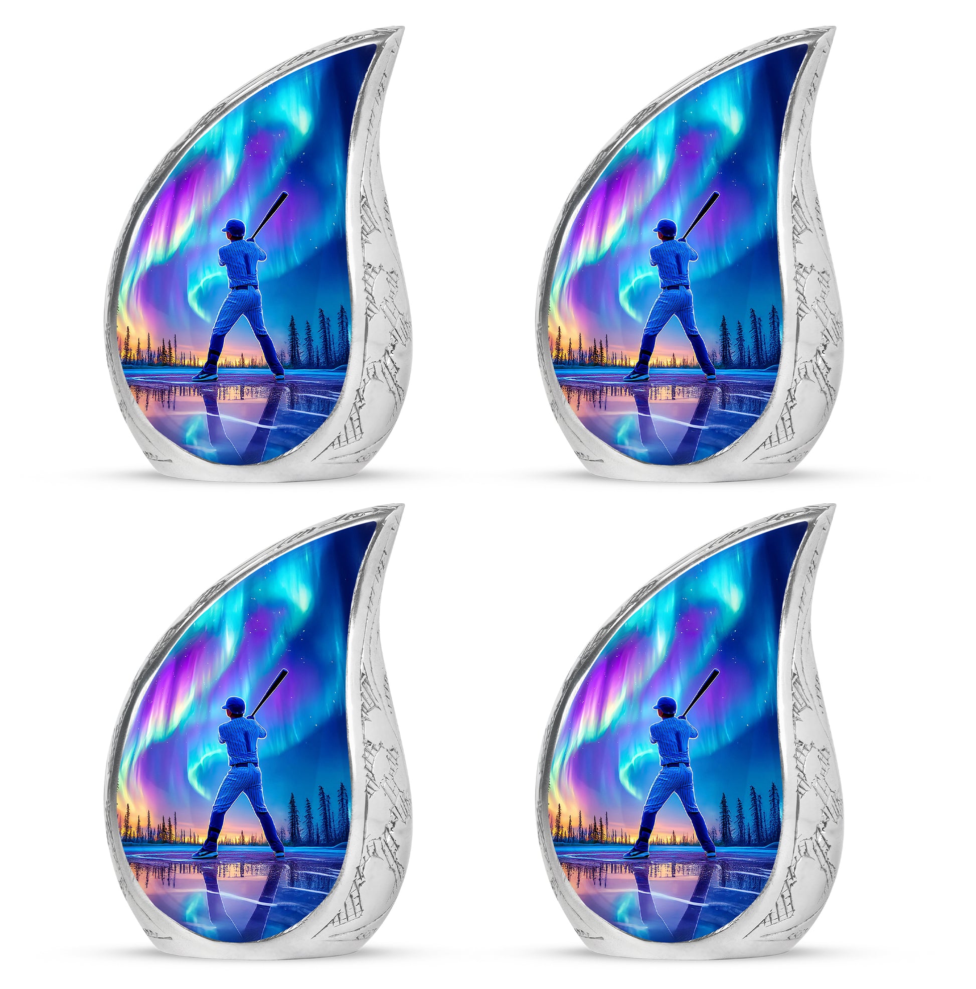 Sky Blue Baseball Cremation Urn close-up of engraving and surface detail - flowing teardrop baseball silhouette on curved aluminum - 10 inch aluminum urn for cremated remains