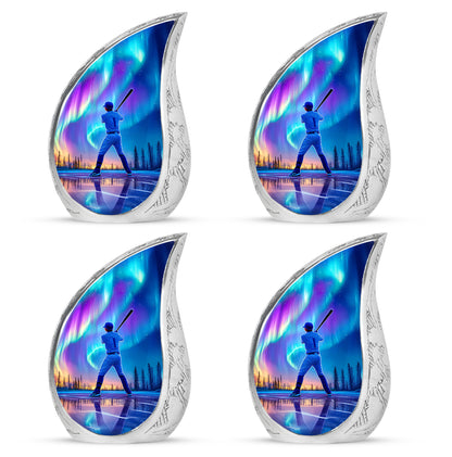 Sky Blue Baseball Cremation Urn close-up of engraving and surface detail - flowing teardrop baseball silhouette on curved aluminum - 10 inch aluminum urn for cremated remains