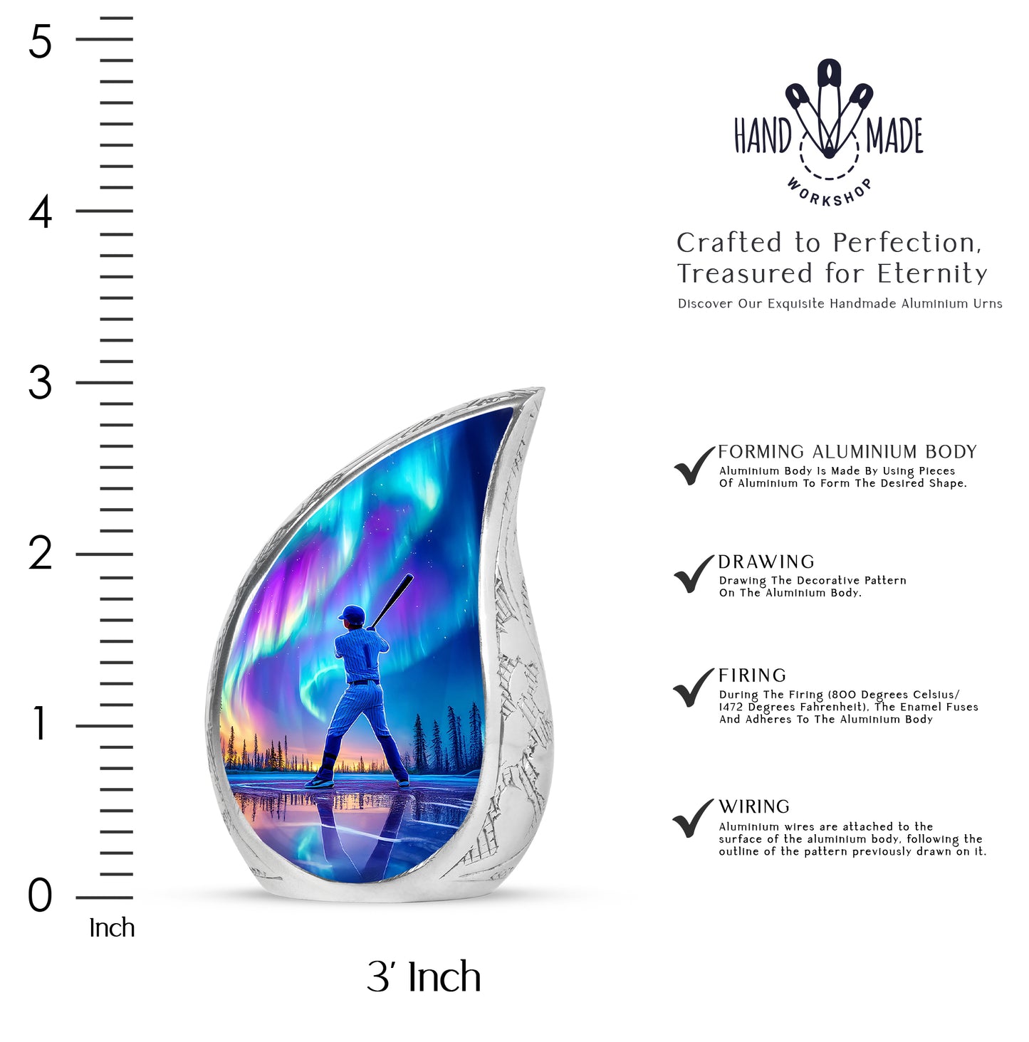 Navy Blue Baseball Cremation Urn angled view of lid and engraved motif - flowing teardrop baseball silhouette on curved aluminum - mini keepsake memorial for portion of cremation ashes