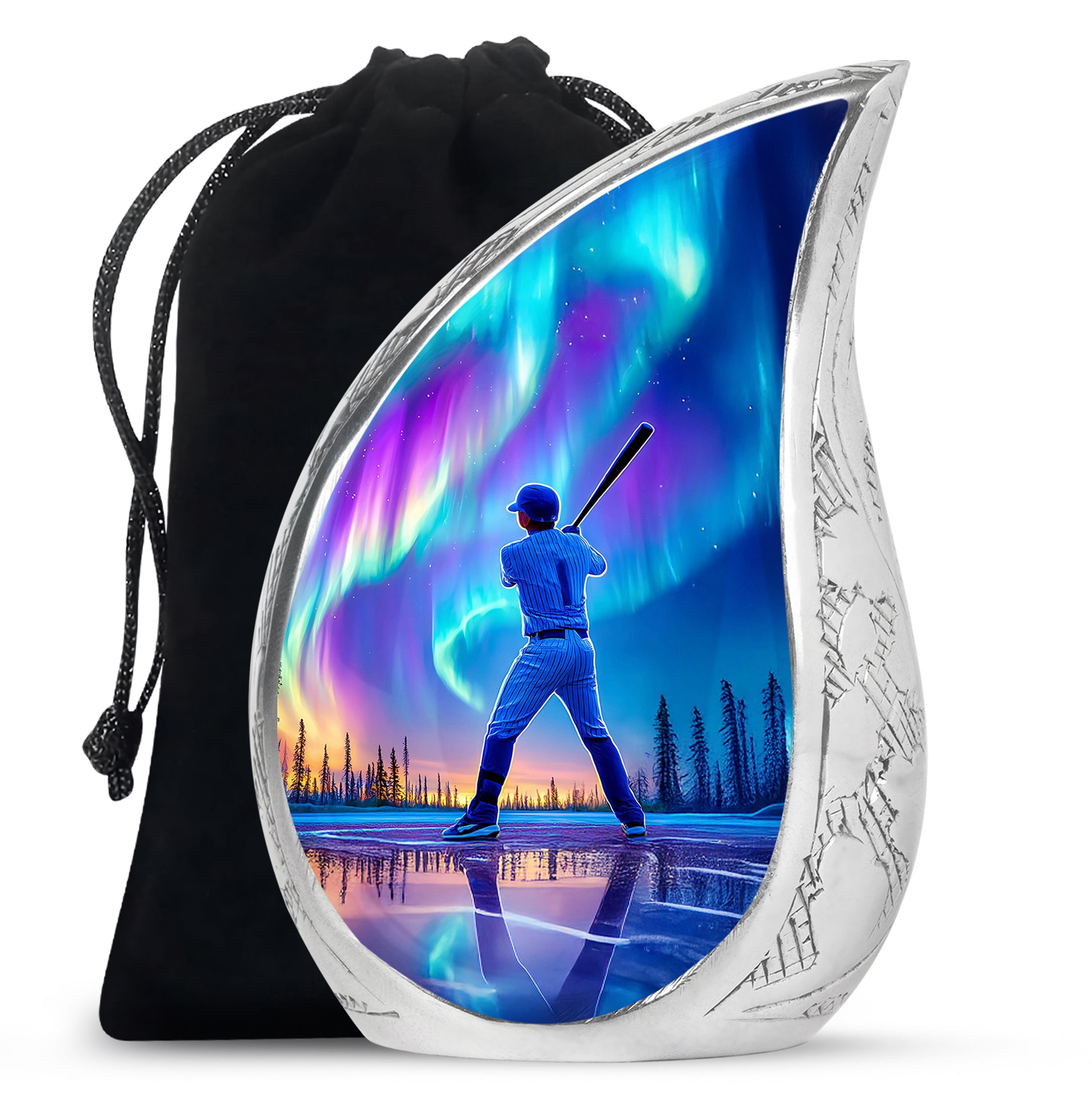 Calming Blue Baseball Cremation Urn front view showing detailed design - graceful tear-shaped urn with baseball motif - full-size 10 inch 200 cubic inch adult cremation urn