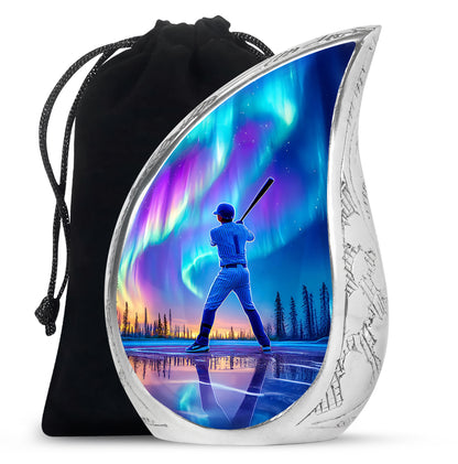 Calming Blue Baseball Cremation Urn front view showing detailed design - graceful tear-shaped urn with baseball motif - full-size 10 inch 200 cubic inch adult cremation urn