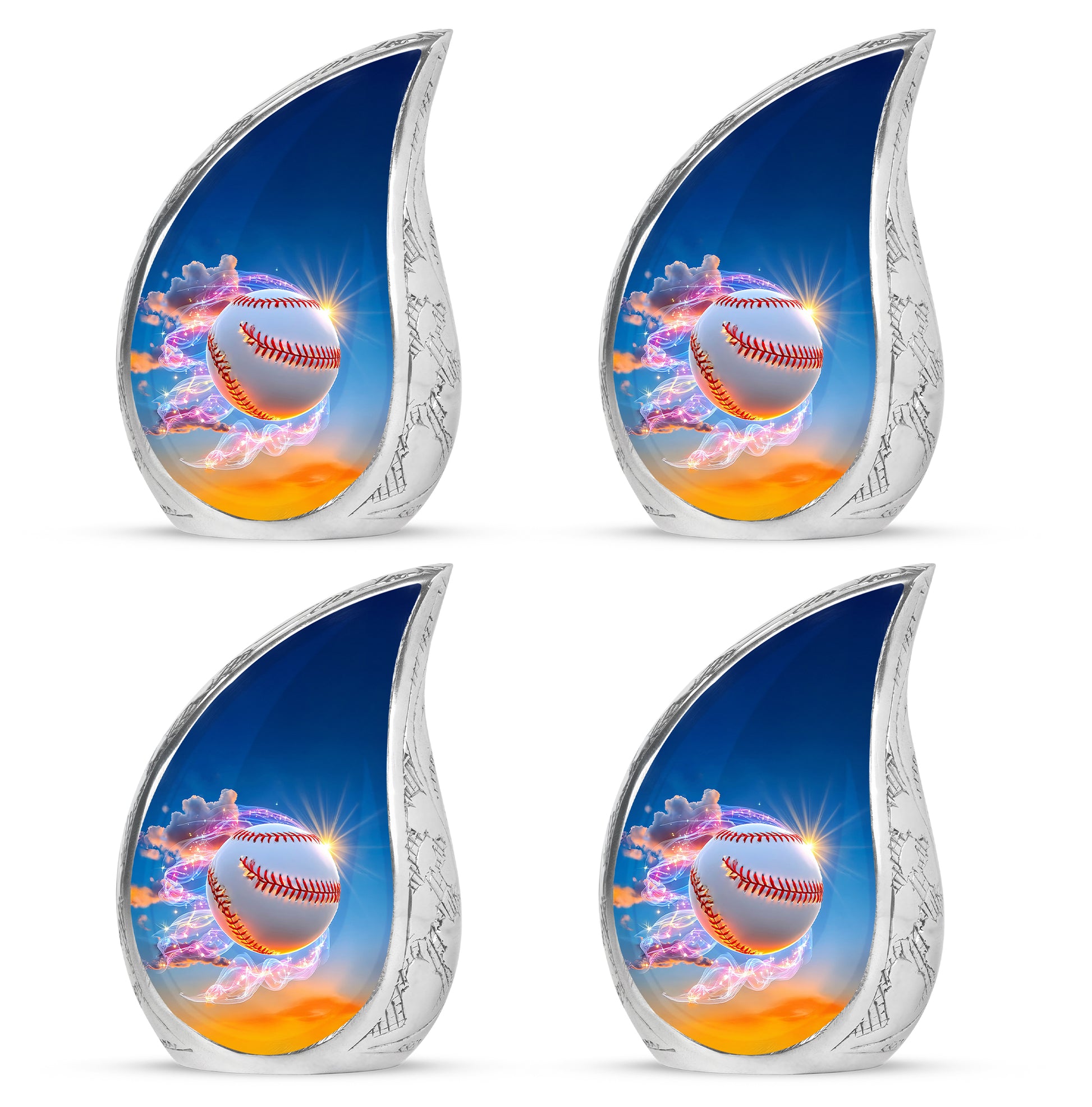 Navy Blue Baseball Cremation Urn close-up of engraving and surface detail - flowing teardrop baseball silhouette on curved aluminum - 10 inch aluminum urn for cremated remains