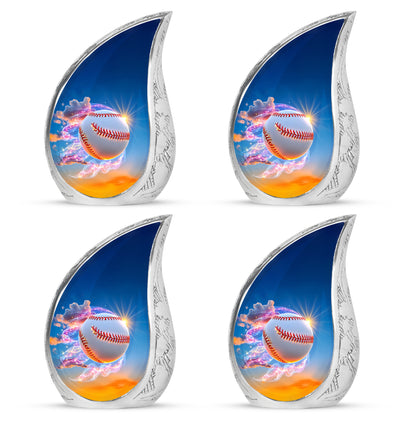 Navy Blue Baseball Cremation Urn close-up of engraving and surface detail - flowing teardrop baseball silhouette on curved aluminum - 10 inch aluminum urn for cremated remains