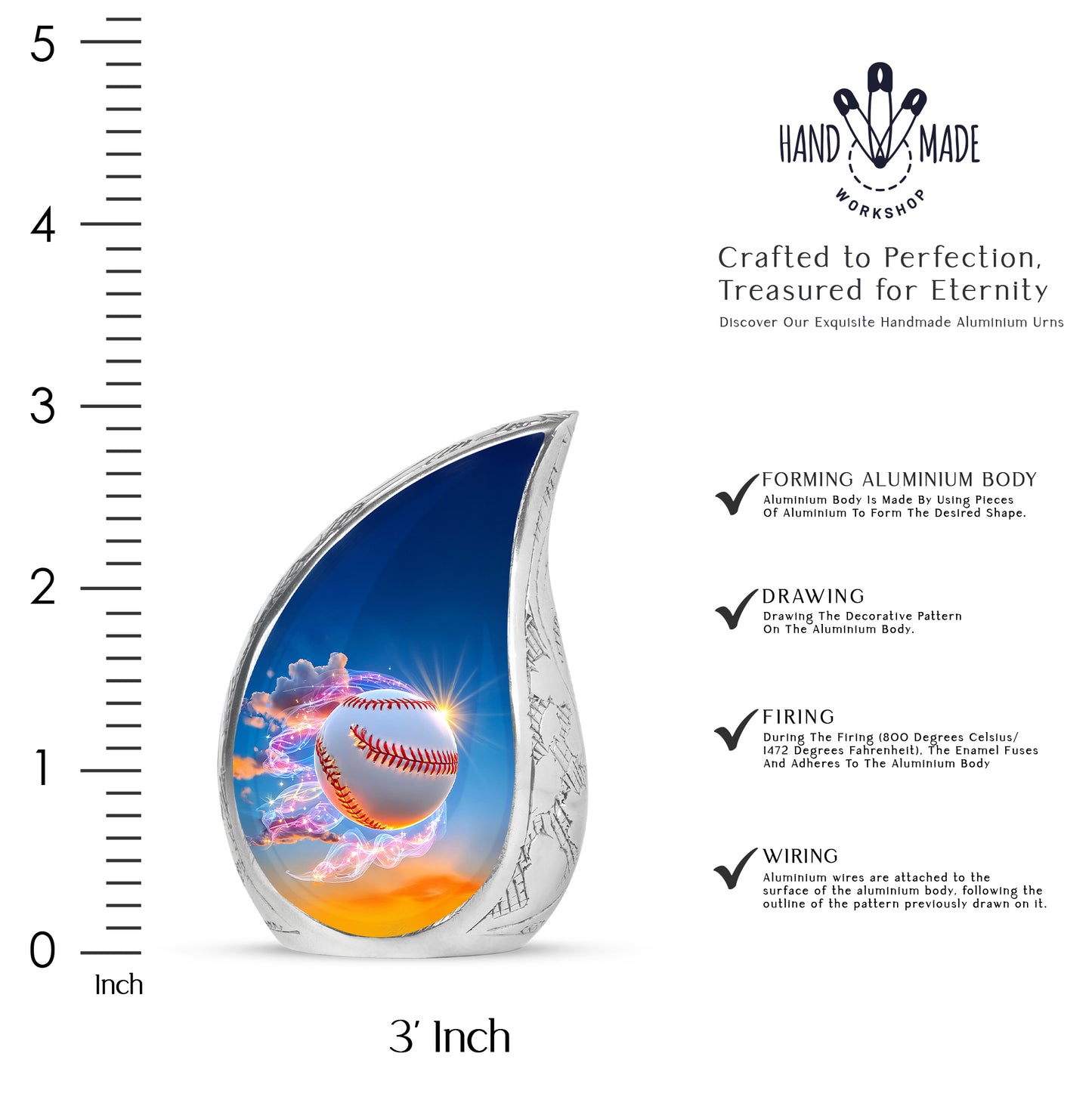 Icy Blue Baseball Cremation Urn angled view of lid and engraved motif - flowing teardrop baseball silhouette on curved aluminum - mini keepsake memorial for portion of cremation ashes