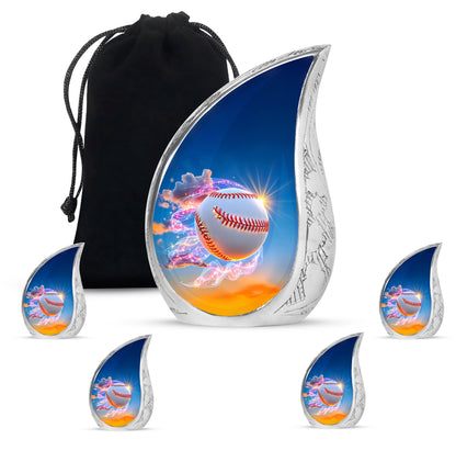 Bright Blue Baseball Cremation Urn side profile showing urn shape - smooth teardrop contour featuring baseball art - memorial set with one large and four small urns