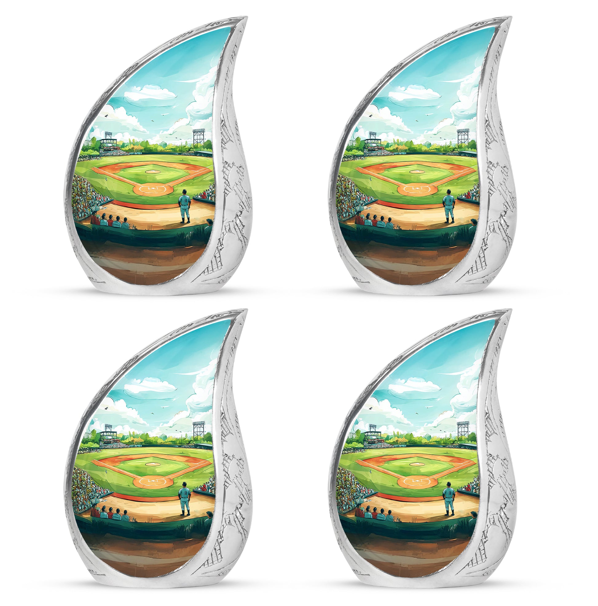 Sea Green Teal Baseball Cremation Urn close-up of engraving and surface detail - rounded teardrop baseball design with delicate detail - 10 inch aluminum urn for cremated remains
