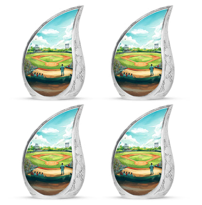 Sea Green Teal Baseball Cremation Urn close-up of engraving and surface detail - rounded teardrop baseball design with delicate detail - 10 inch aluminum urn for cremated remains