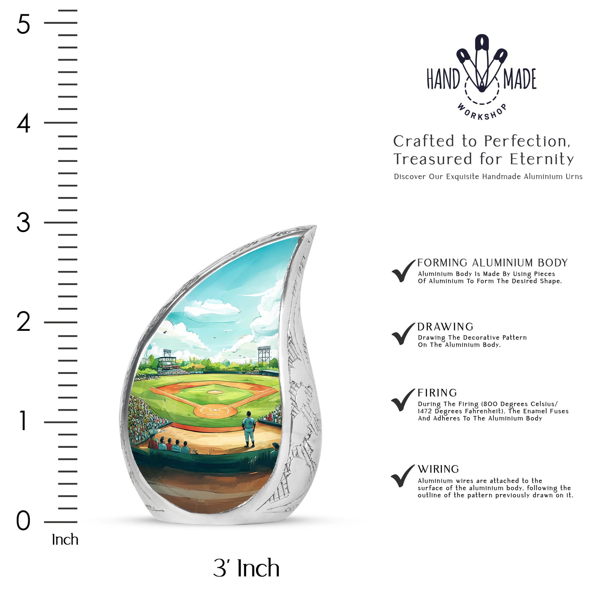 Aqua Teal Baseball Cremation Urn angled view of lid and engraved motif - smooth teardrop contour featuring baseball art - mini keepsake memorial for portion of cremation ashes
