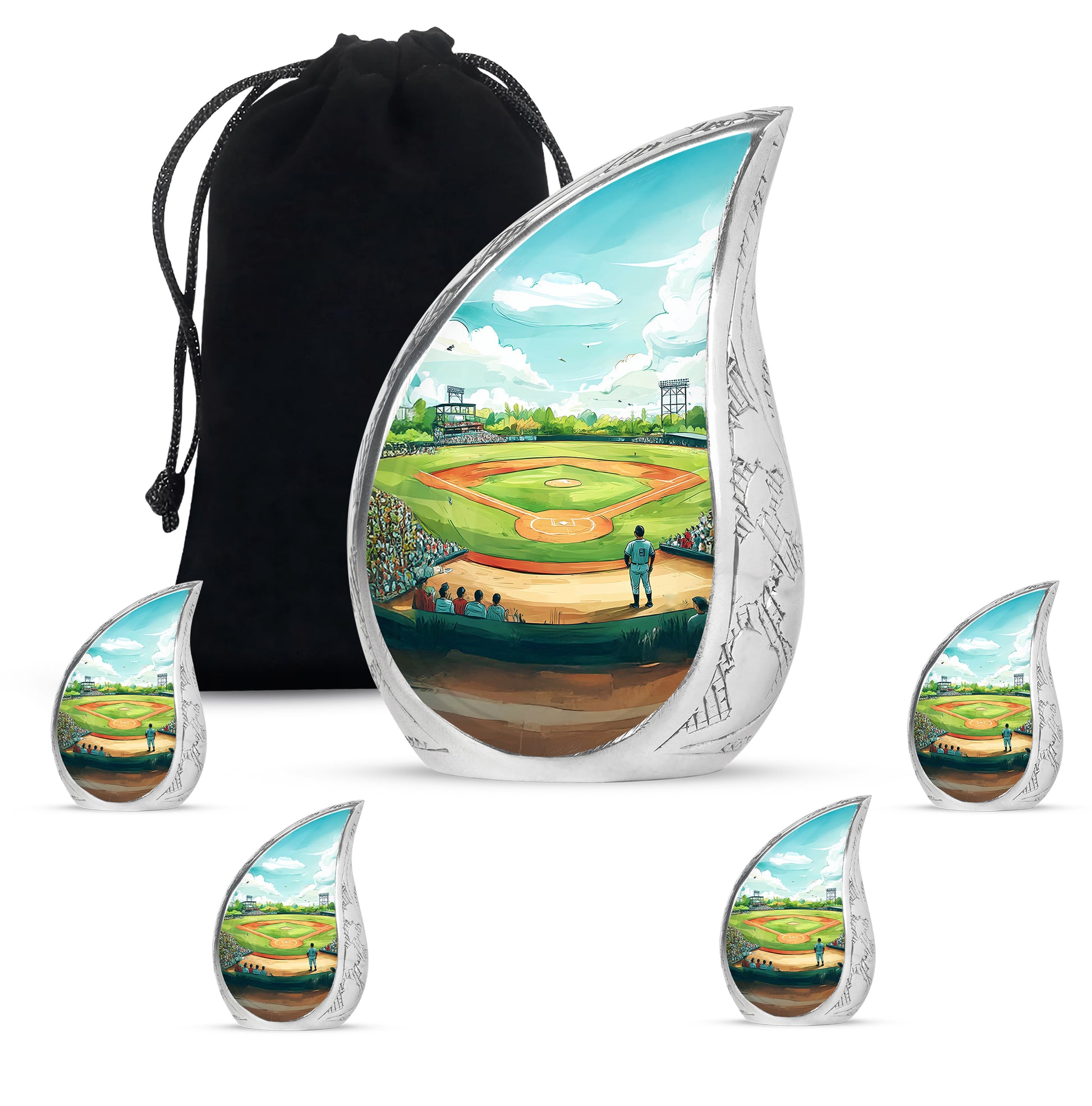 Tropical Teal Baseball Cremation Urn side profile showing urn shape - graceful tear-shaped urn with baseball motif - memorial set with one large and four small urns
