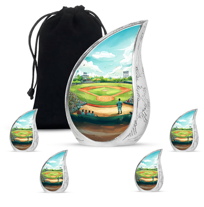 Tropical Teal Baseball Cremation Urn side profile showing urn shape - graceful tear-shaped urn with baseball motif - memorial set with one large and four small urns
