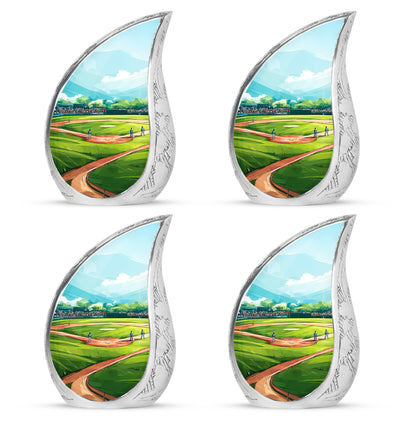Vivid Teal Baseball Cremation Urn close-up of engraving and surface detail - smooth teardrop contour featuring baseball art - 10 inch aluminum urn for cremated remains