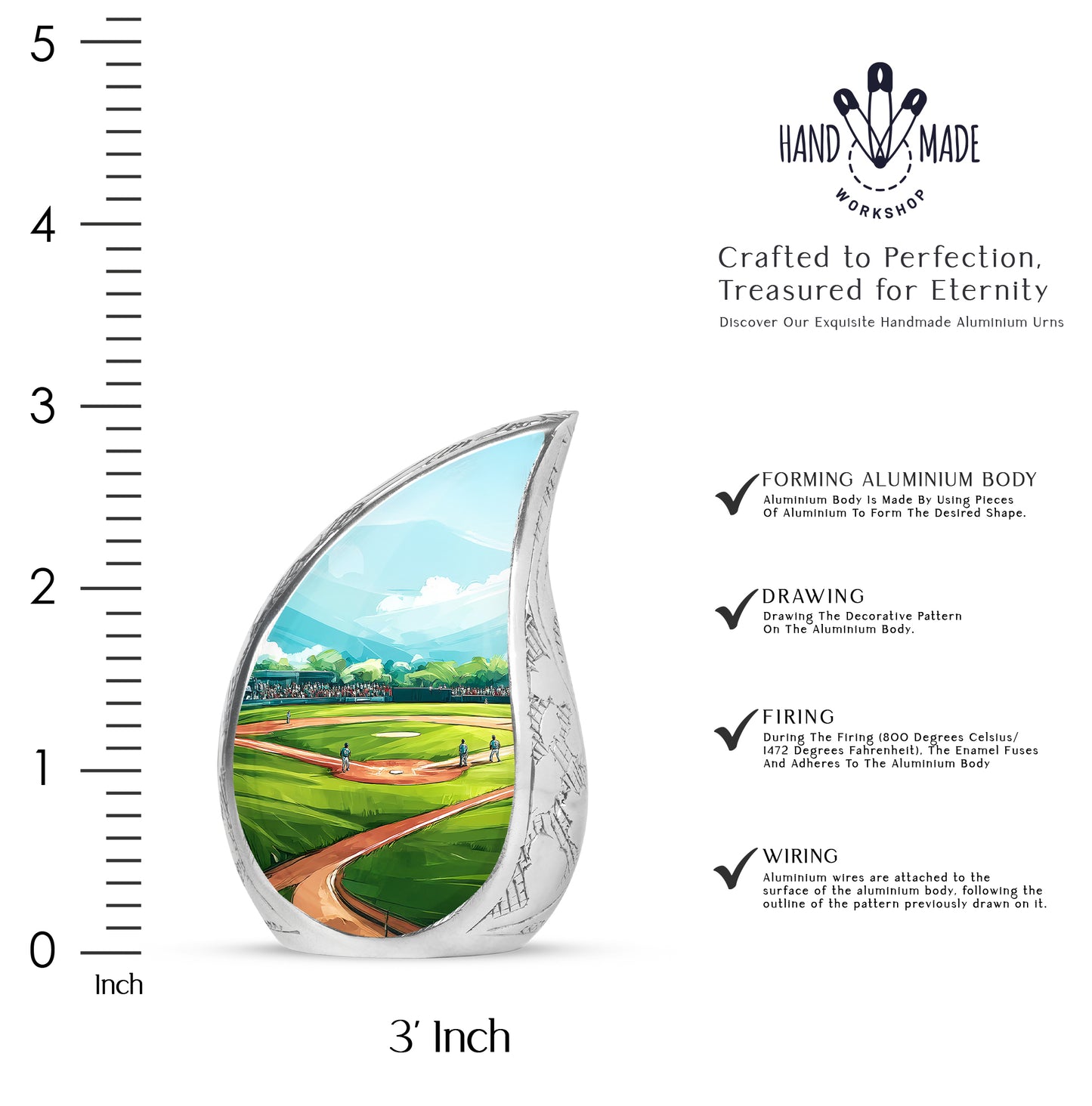 Deep Teal Baseball Cremation Urn angled view of lid and engraved motif - smooth teardrop contour featuring baseball art - mini keepsake memorial for portion of cremation ashes