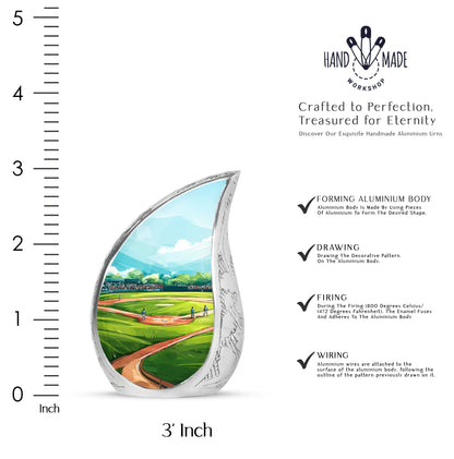 Deep Teal Baseball Cremation Urn angled view of lid and engraved motif - smooth teardrop contour featuring baseball art - mini keepsake memorial for portion of cremation ashes