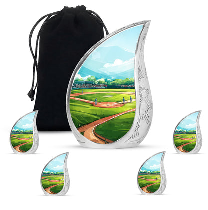 Soft Teal Baseball Cremation Urn side profile showing urn shape - flowing teardrop baseball silhouette on curved aluminum - memorial set with one large and four small urns