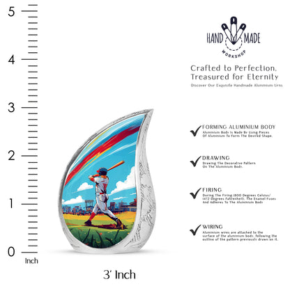 Mystic Teal Baseball Cremation Urn angled view of lid and engraved motif - graceful tear-shaped urn with baseball motif - mini keepsake memorial for portion of cremation ashes