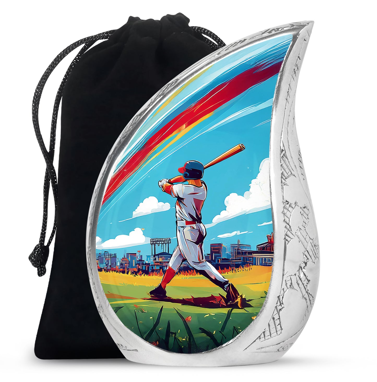 Ocean Teal Baseball Cremation Urn front view showing detailed design - flowing teardrop baseball silhouette on curved aluminum - full-size 10 inch 200 cubic inch adult cremation urn