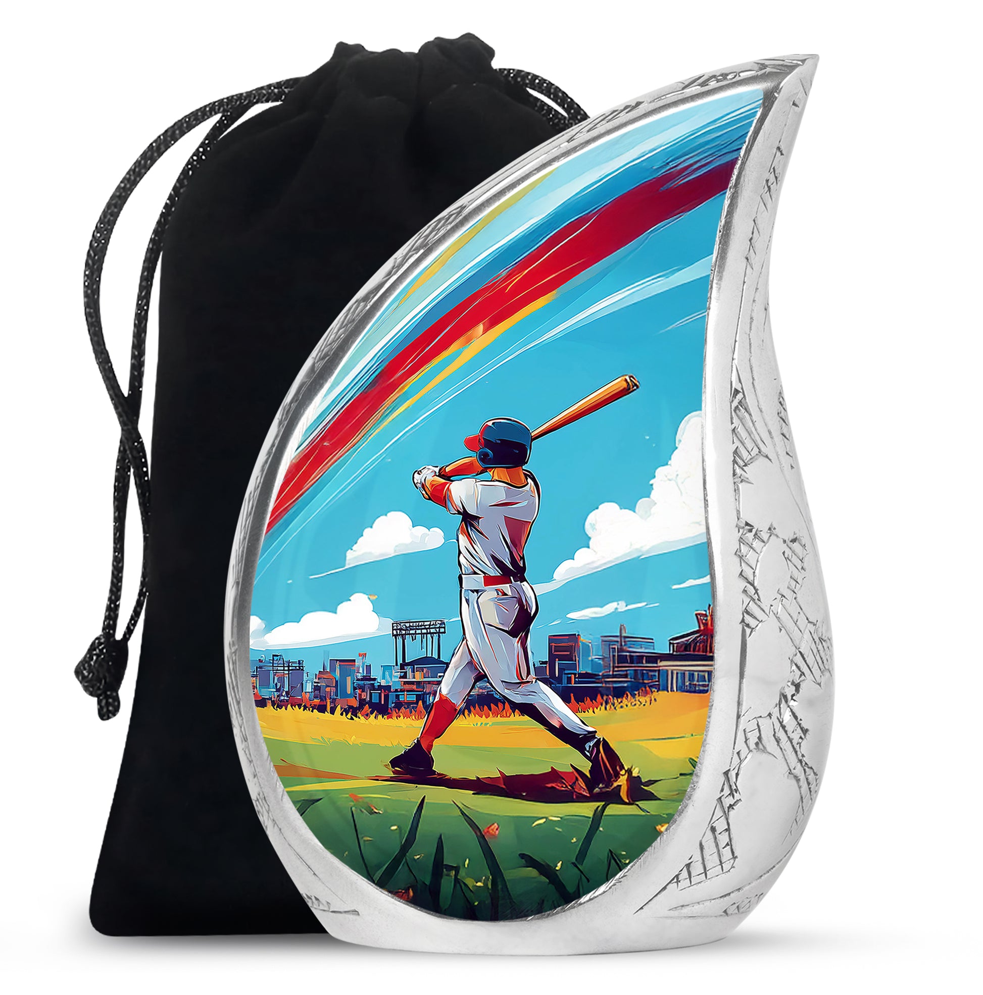 Ocean Teal Baseball Cremation Urn front view showing detailed design - flowing teardrop baseball silhouette on curved aluminum - full-size 10 inch 200 cubic inch adult cremation urn