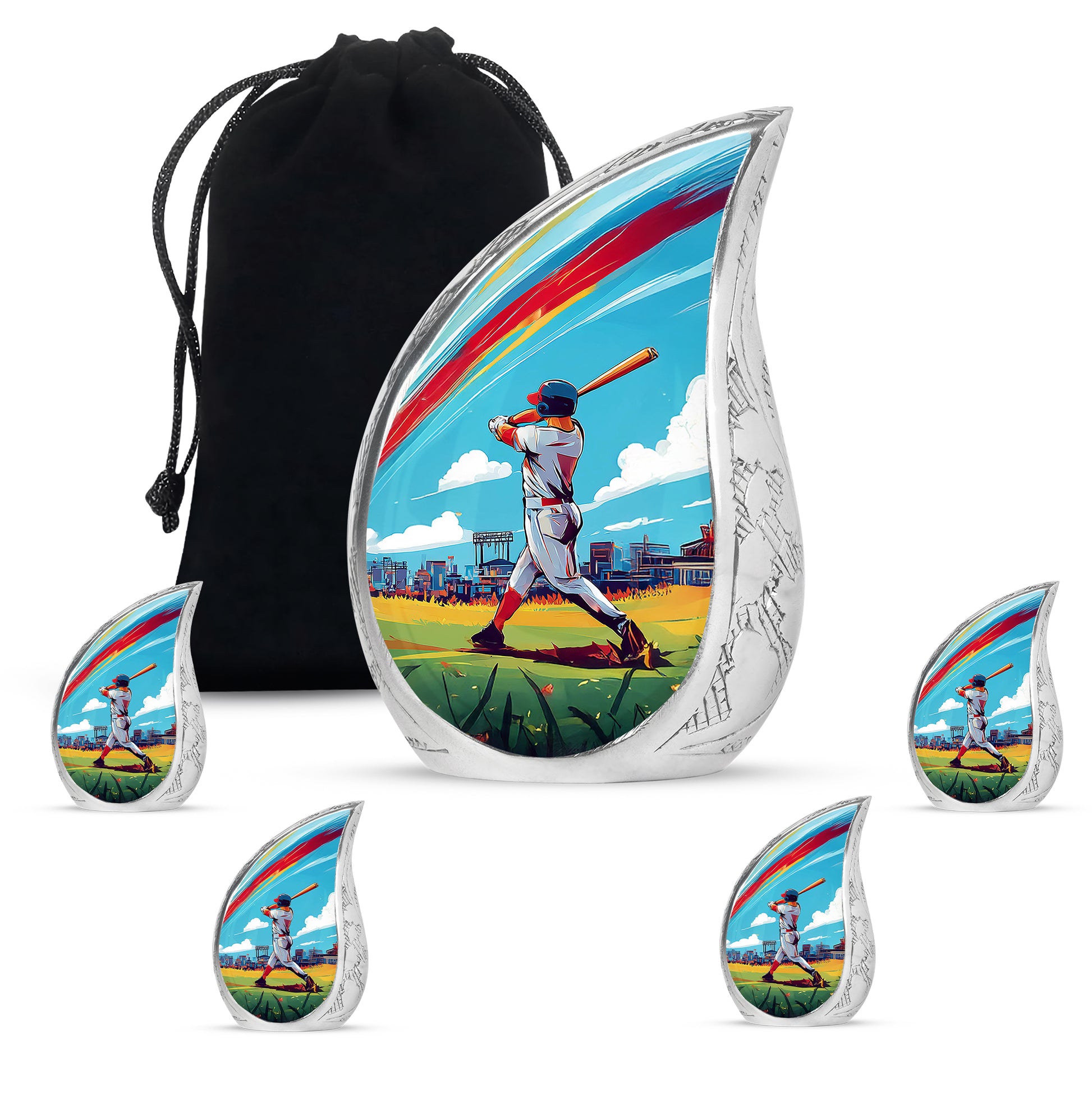 Vivid Teal Baseball Cremation Urn side profile showing urn shape - smooth teardrop contour featuring baseball art - memorial set with one large and four small urns