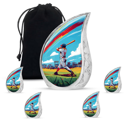 Vivid Teal Baseball Cremation Urn side profile showing urn shape - smooth teardrop contour featuring baseball art - memorial set with one large and four small urns