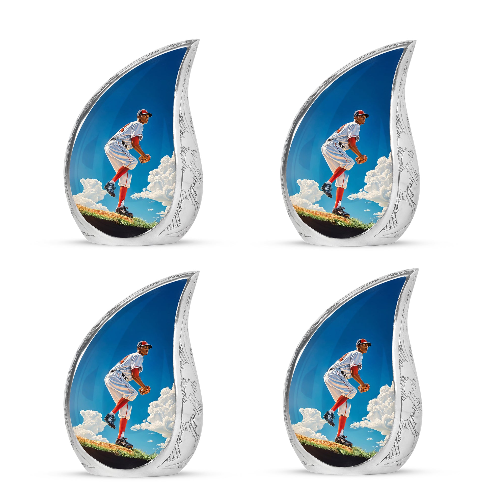 Bright Blue Baseball Cremation Urn close-up of engraving and surface detail - graceful tear-shaped urn with baseball motif - 10 inch aluminum urn for cremated remains