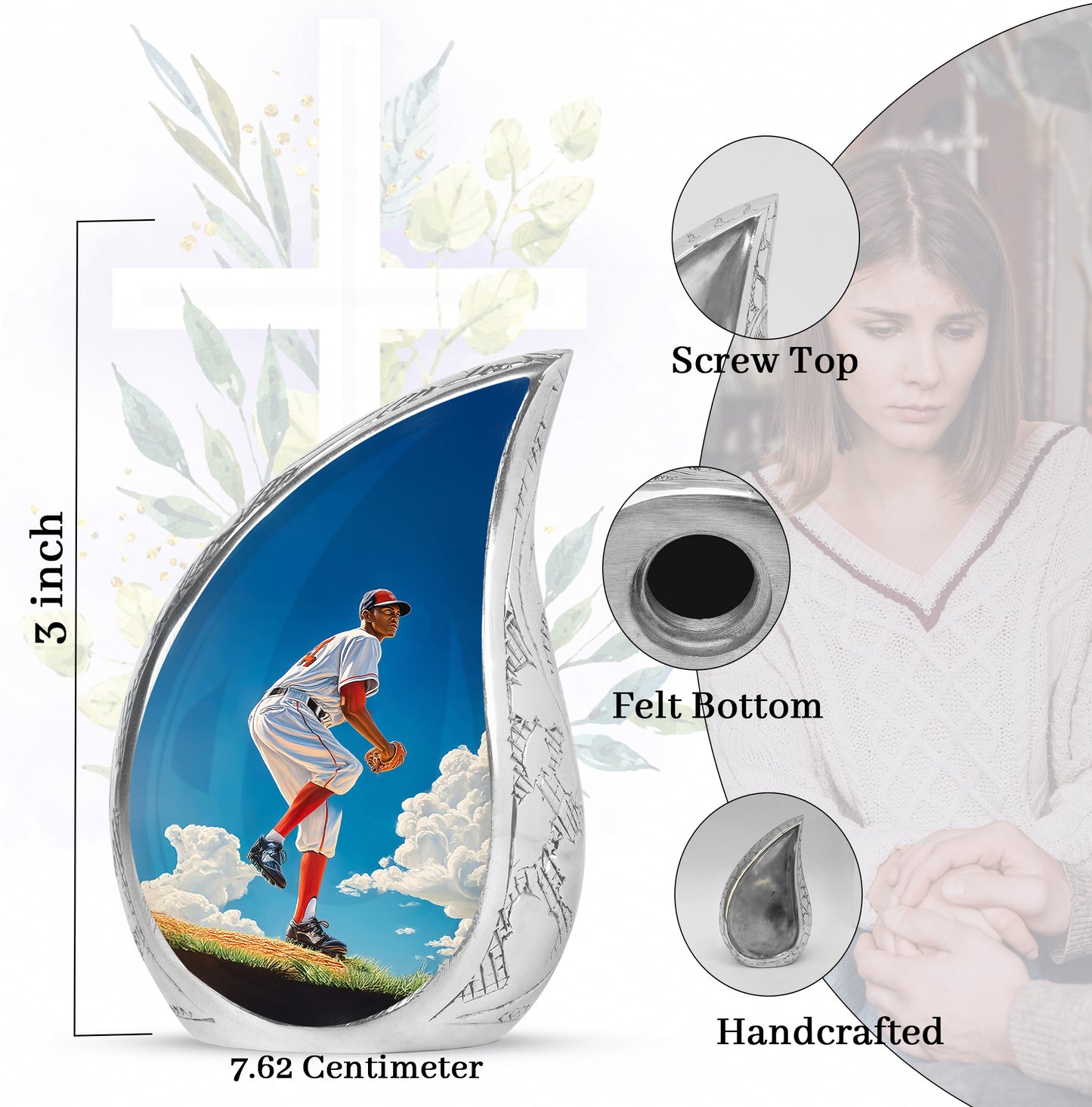 Bright Blue Baseball Cremation Urn angled view of lid and engraved motif - graceful tear-shaped urn with baseball motif - mini keepsake memorial for portion of cremation ashes