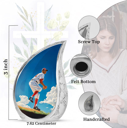 Bright Blue Baseball Cremation Urn angled view of lid and engraved motif - graceful tear-shaped urn with baseball motif - mini keepsake memorial for portion of cremation ashes
