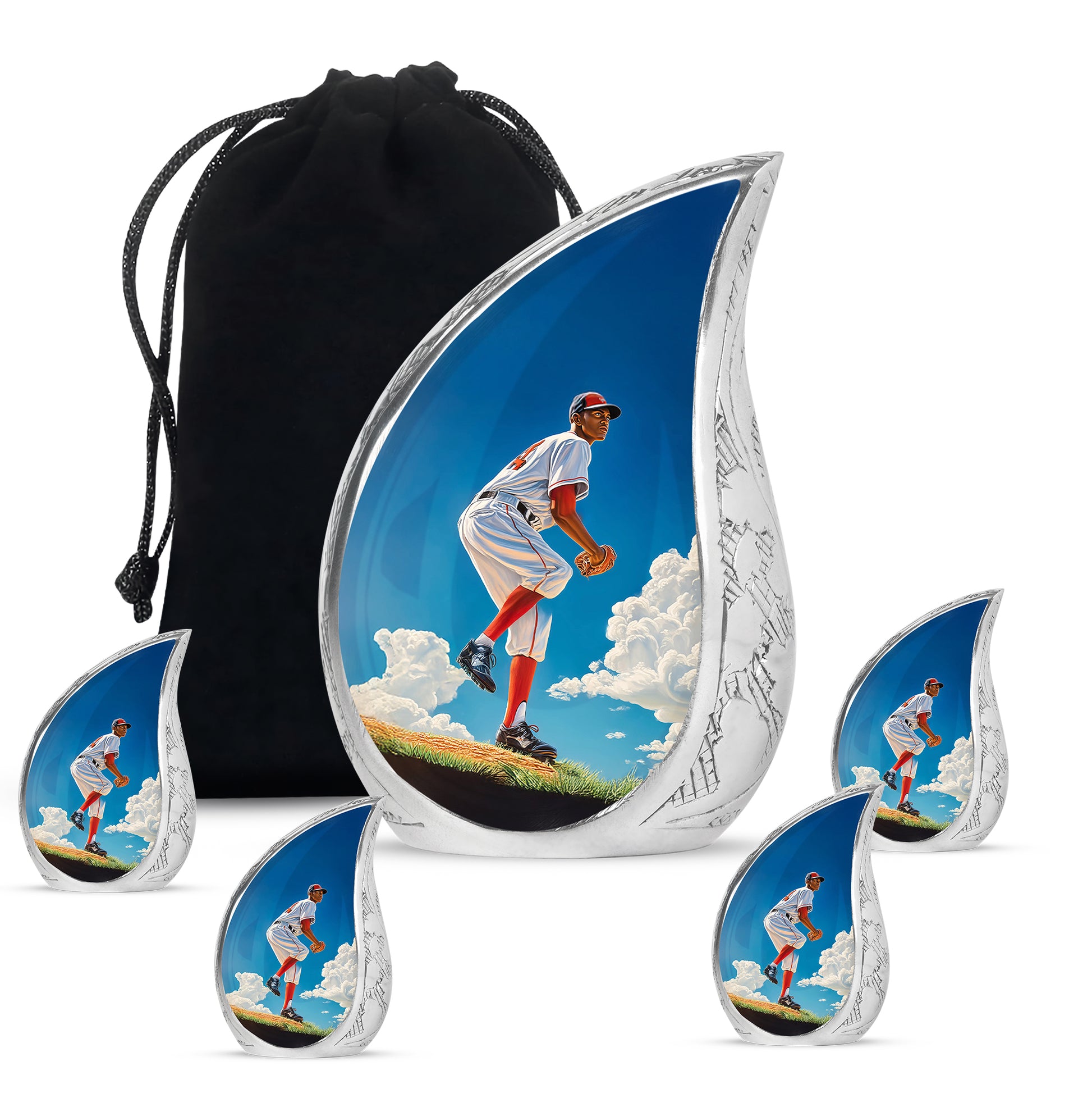 Pastel Blue Baseball Cremation Urn side profile showing urn shape - flowing teardrop baseball silhouette on curved aluminum - memorial set with one large and four small urns