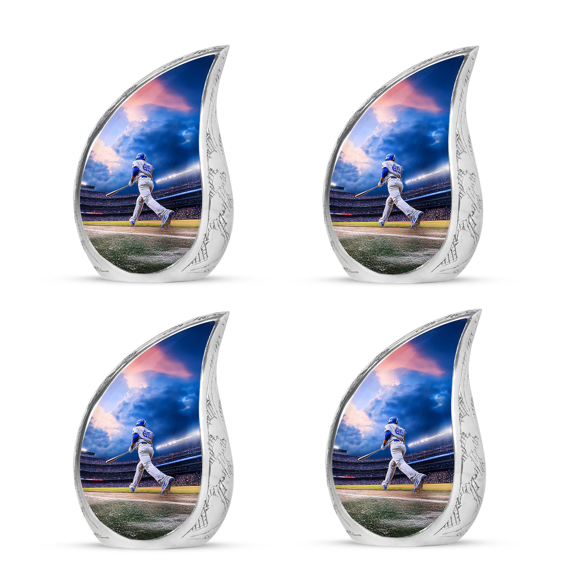 Slate Blue Baseball Cremation Urn close-up of engraving and surface detail - rounded teardrop baseball design with delicate detail - 10 inch aluminum urn for cremated remains