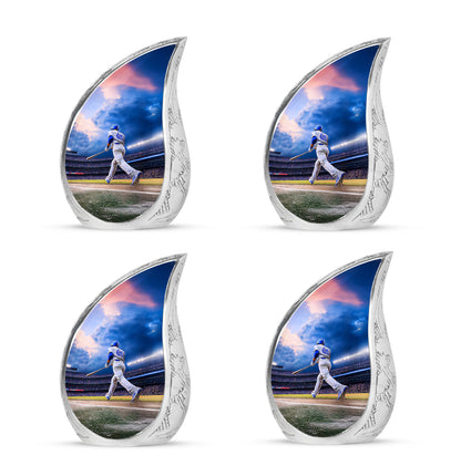 Slate Blue Baseball Cremation Urn close-up of engraving and surface detail - rounded teardrop baseball design with delicate detail - 10 inch aluminum urn for cremated remains