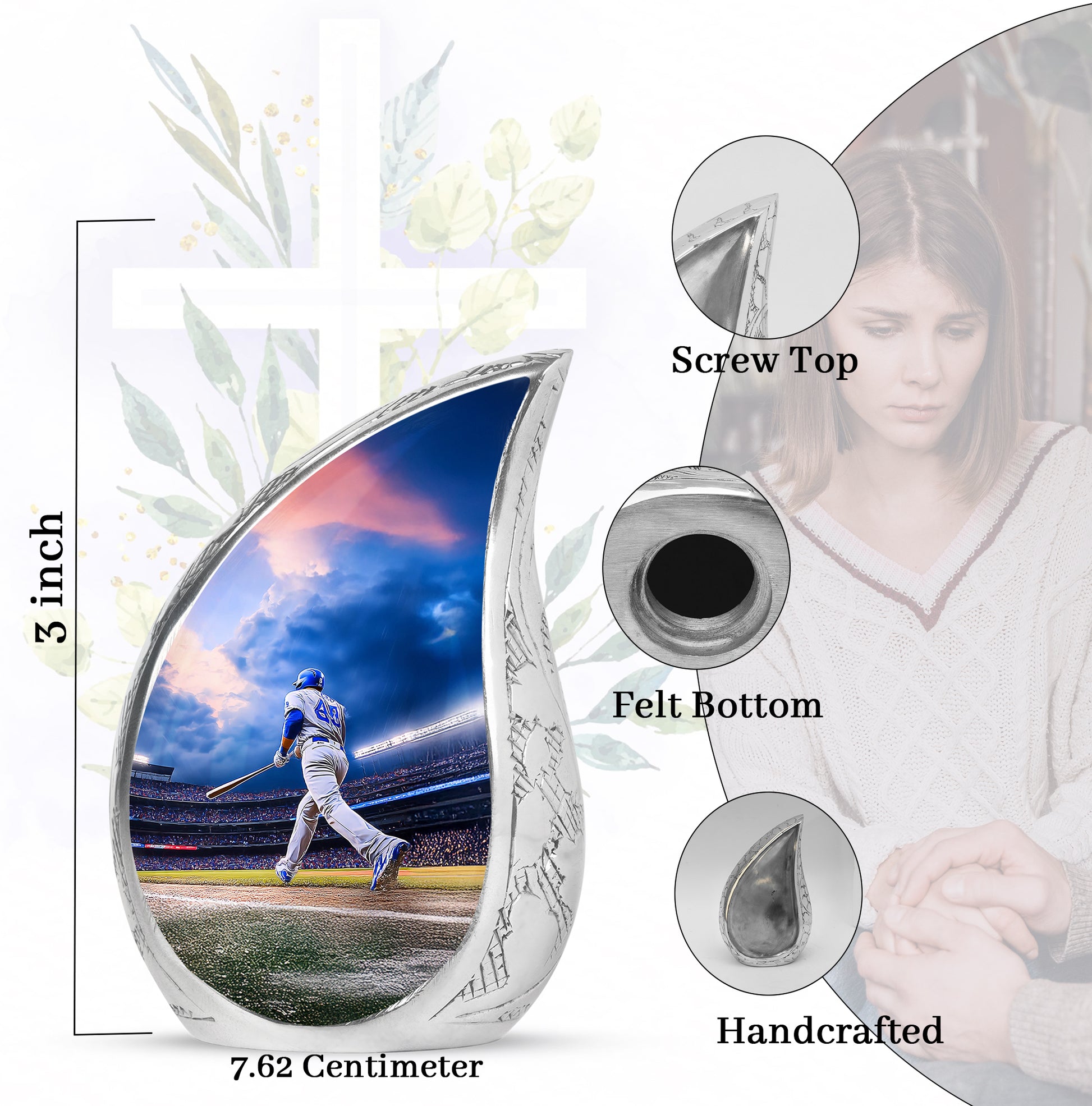 Icy Blue Baseball Cremation Urn angled view of lid and engraved motif - flowing teardrop baseball silhouette on curved aluminum - mini keepsake memorial for portion of cremation ashes