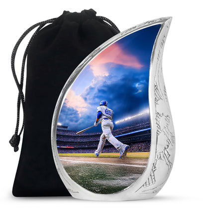 Icy Blue Baseball Cremation Urn front view showing detailed design - rounded teardrop baseball design with delicate detail - full-size 10 inch 200 cubic inch adult cremation urn