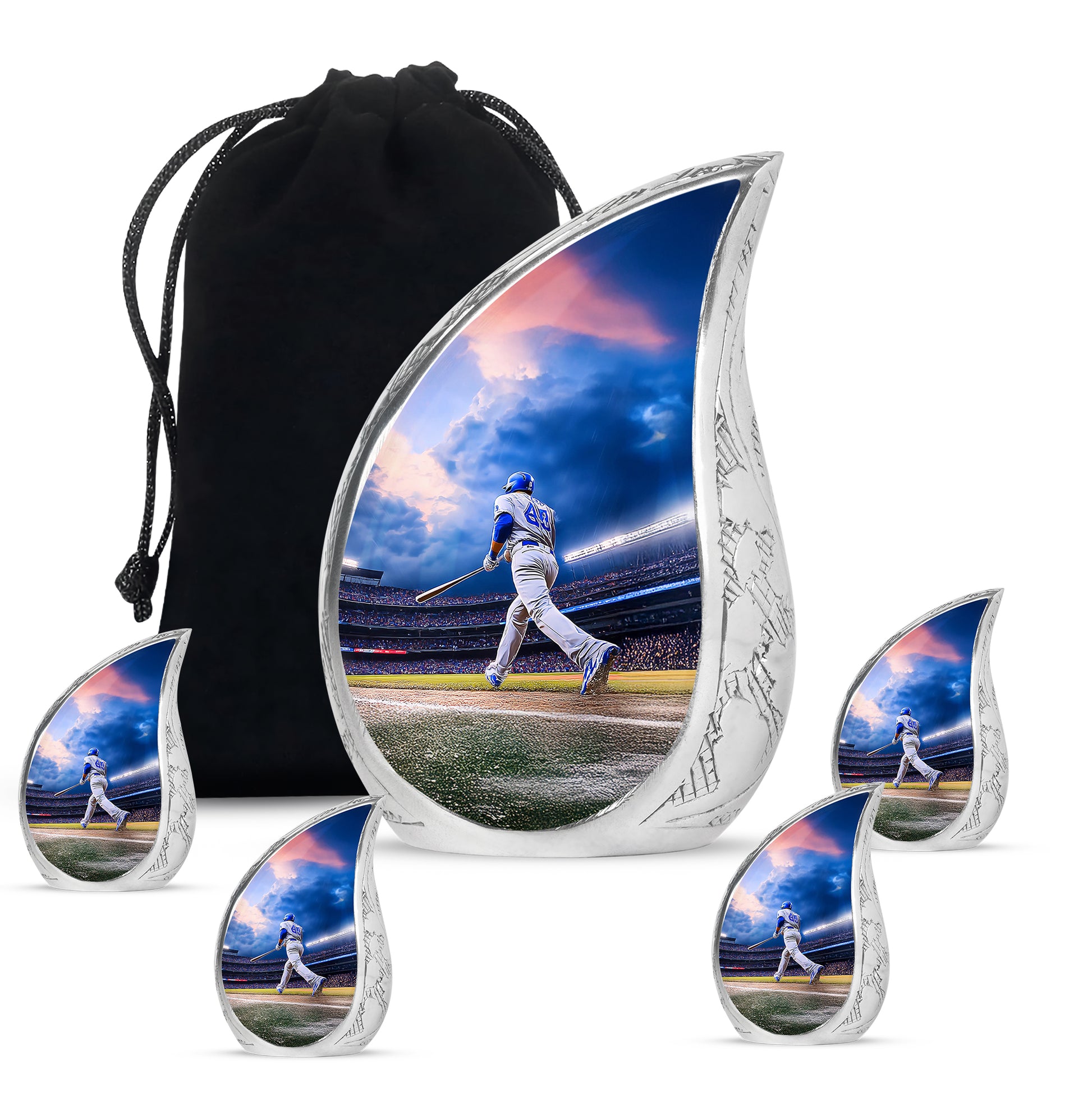 Misty Blue Baseball Cremation Urn side profile showing urn shape - flowing teardrop baseball silhouette on curved aluminum - memorial set with one large and four small urns