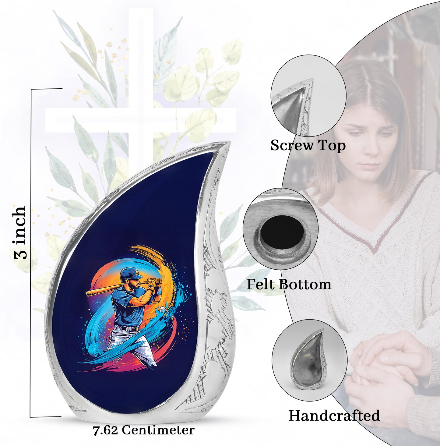 Cobalt Blue Baseball Cremation Urn angled view of lid and engraved motif - smooth teardrop contour featuring baseball art - mini keepsake memorial for portion of cremation ashes