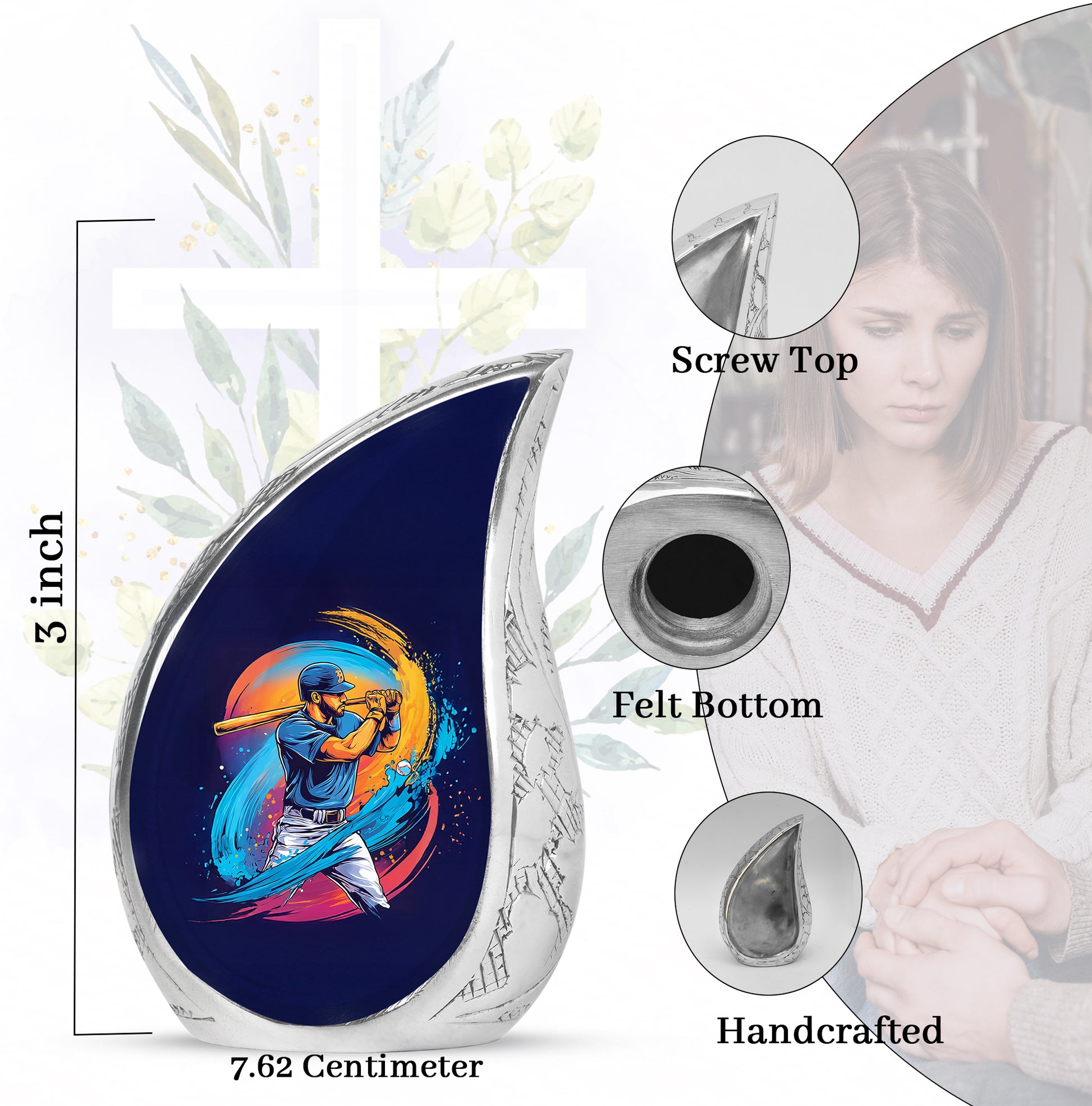 Cobalt Blue Baseball Cremation Urn angled view of lid and engraved motif - smooth teardrop contour featuring baseball art - mini keepsake memorial for portion of cremation ashes