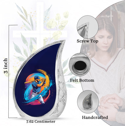 Cobalt Blue Baseball Cremation Urn angled view of lid and engraved motif - smooth teardrop contour featuring baseball art - mini keepsake memorial for portion of cremation ashes