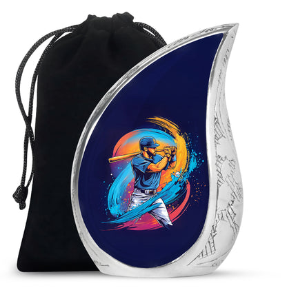 Cobalt Blue Baseball Cremation Urn front view showing detailed design - smooth teardrop contour featuring baseball art - full-size 10 inch 200 cubic inch adult cremation urn