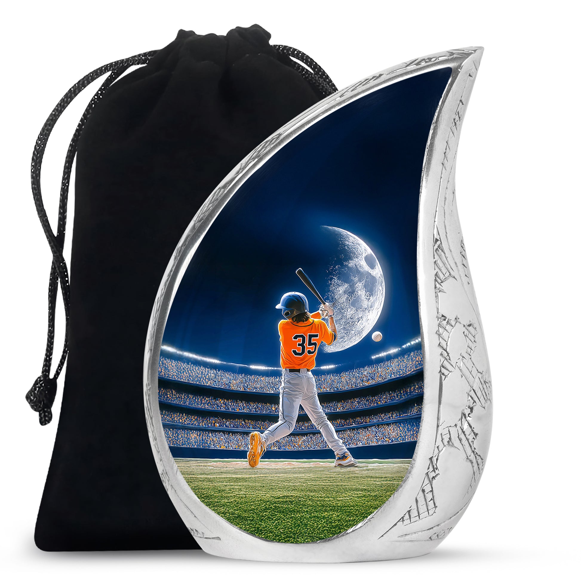 Azure Baseball Cremation Urn front view showing detailed design - flowing teardrop baseball silhouette on curved aluminum - full-size 10 inch 200 cubic inch adult cremation urn