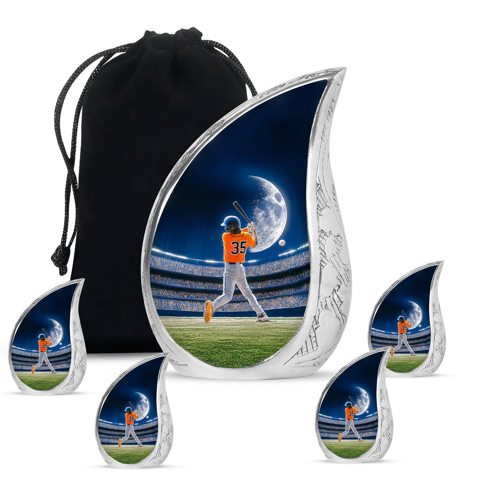 Cornflower Blue Baseball Cremation Urn side profile showing urn shape - graceful tear-shaped urn with baseball motif - memorial set with one large and four small urns