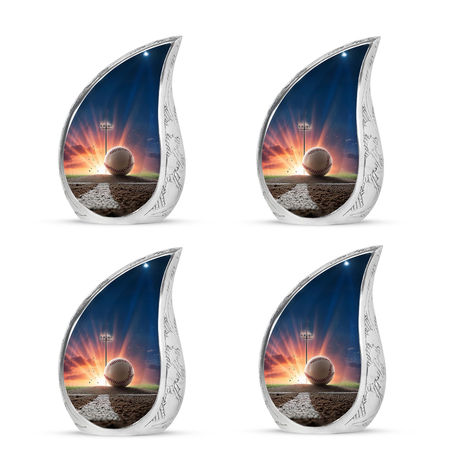 Dusty Blue Baseball Cremation Urn close-up of engraving and surface detail - flowing teardrop baseball silhouette on curved aluminum - 10 inch aluminum urn for cremated remains
